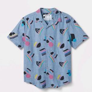 Pride Adult Short Sleeve Woven Multiflag Button-Down Shirt - Blue Denim Boat